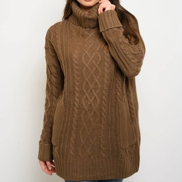 Sweaters - WOMEN'S LONG SLEEVE KNIT TURTLE NECK POCKETS SWEAT